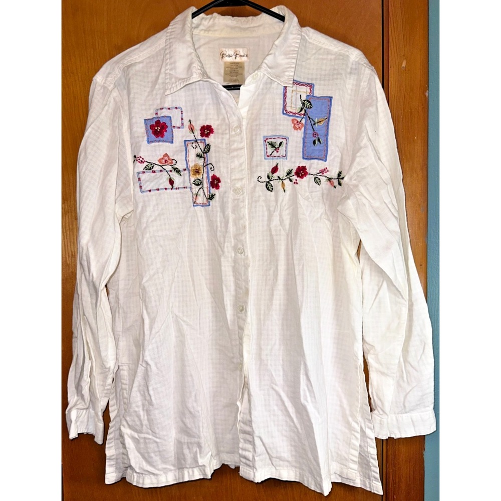 Bobbie Brooks Vintage White Embroidered Floral 100% Cotton‎ Button Down Shirt L